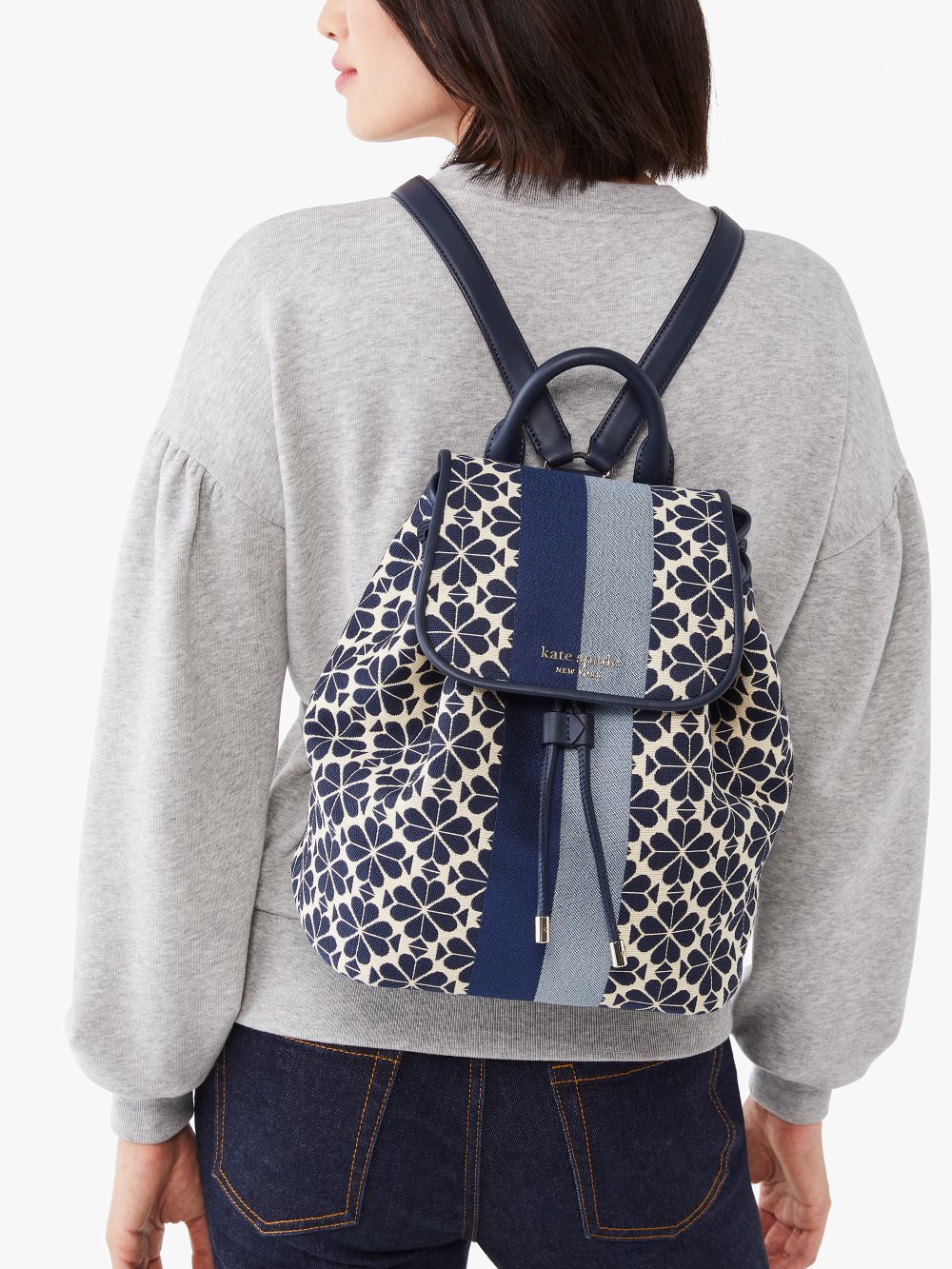 Women's blue multi spade flower jacquard stripe sinch medium flap backpack | Kate Spade