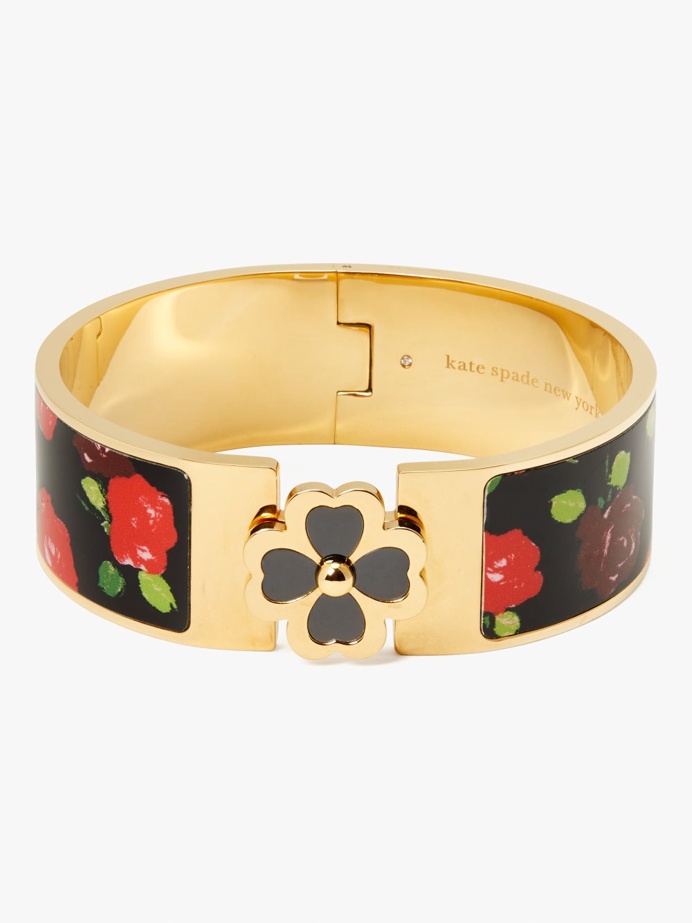 Women's black just rosy heritage spade flower wide hinged bangle | Kate Spade