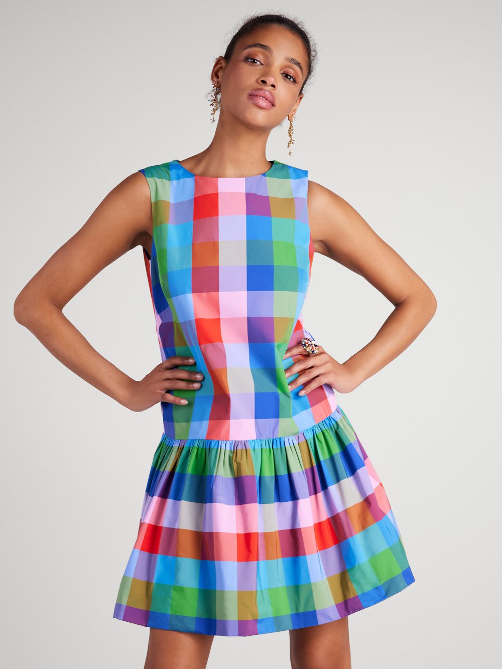 Women's blue multi_ madras taffeta shift dress | Kate Spade