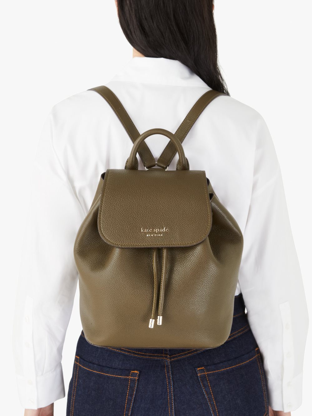 Women's duck green sinch pebbled leather medium flap backpack | Kate Spade