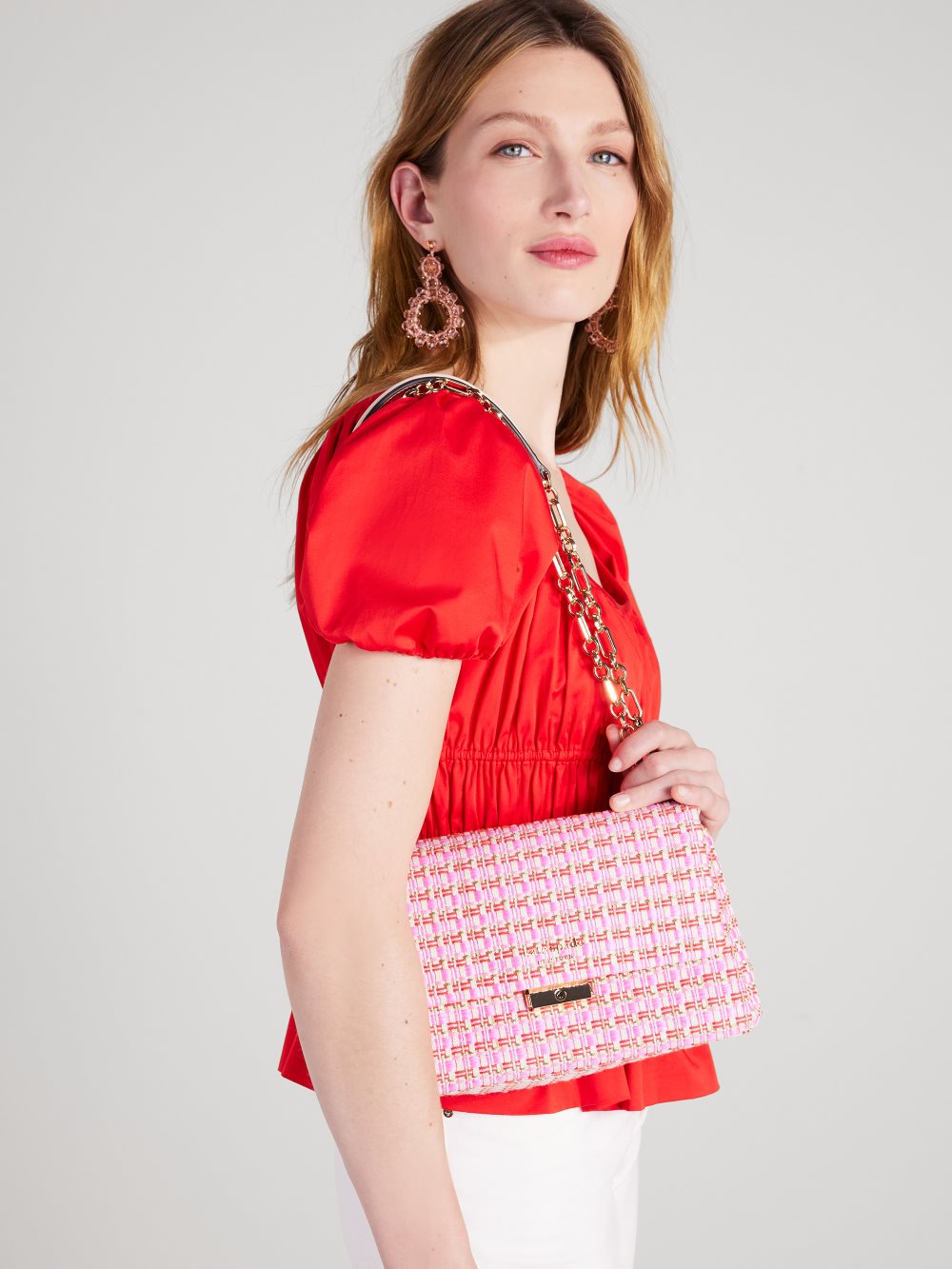 Women's pink multi carlyle raffia tweed medium shoulder bag | Kate Spade