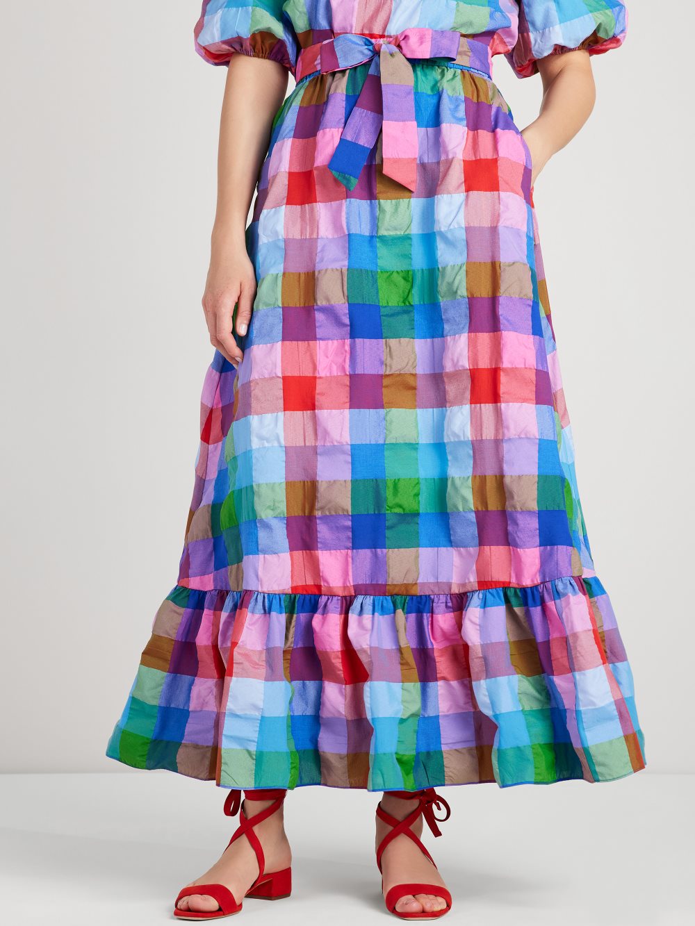 Women's blue multi_ madras tie-waist skirt | Kate Spade