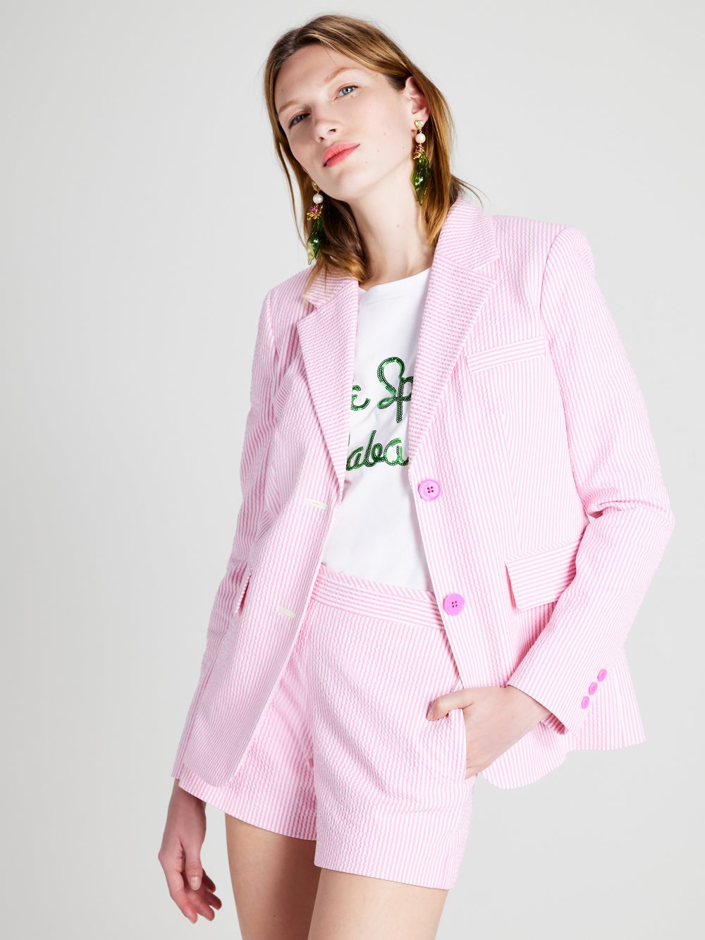 Women's pink flash seersucker stripe blazer | Kate Spade