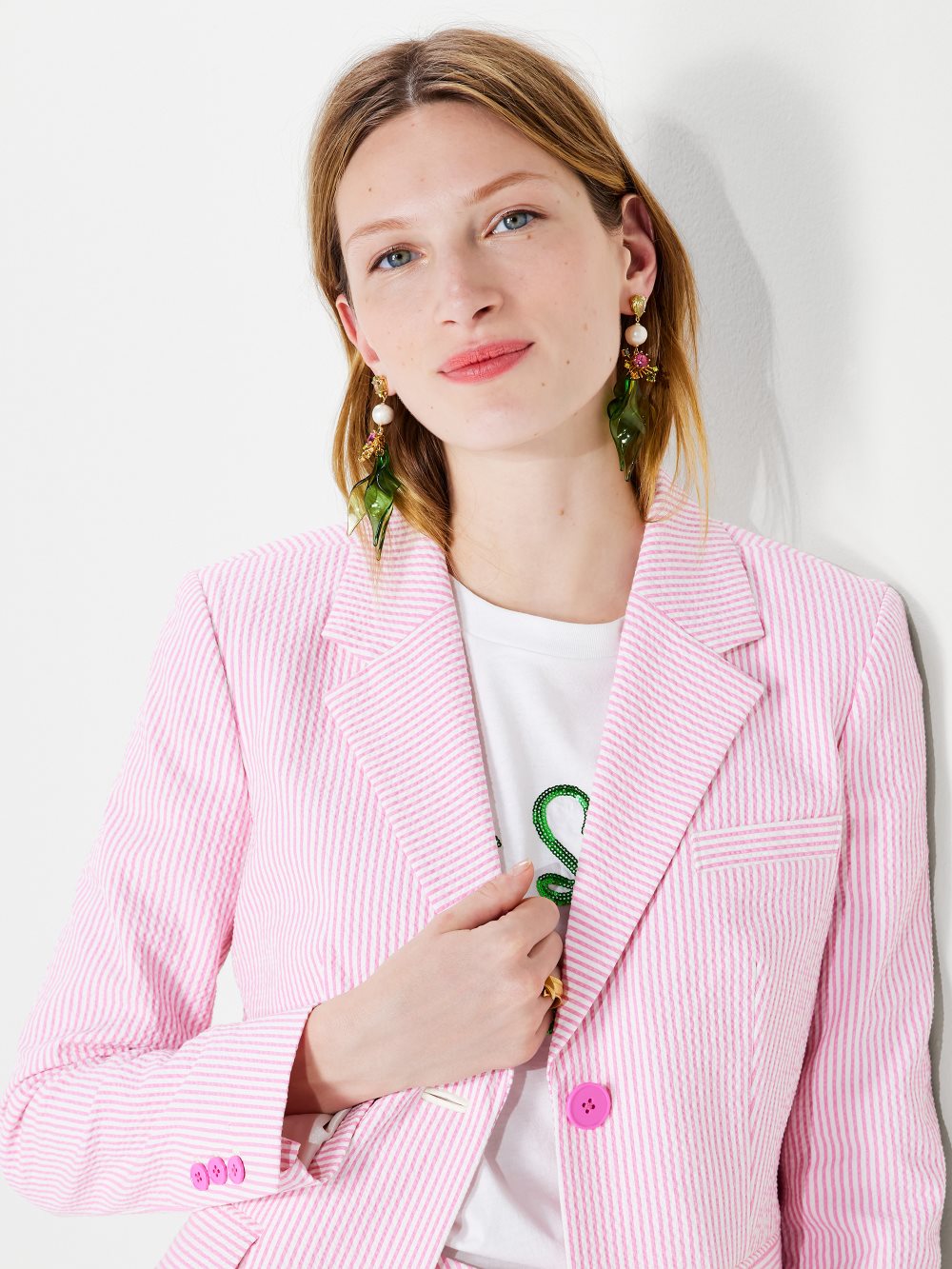 Women's pink flash seersucker stripe blazer | Kate Spade